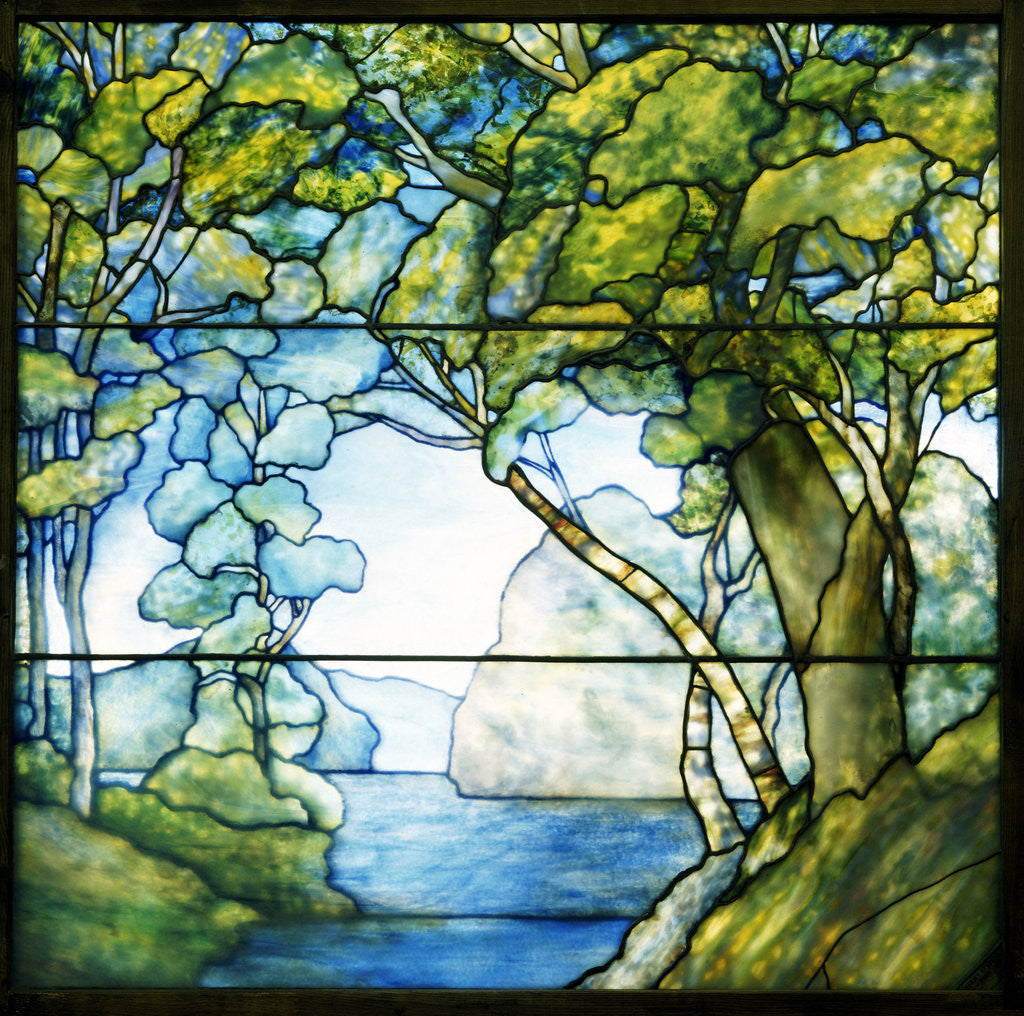 Detail of Tiffany Studios leaded glass landscape window depicting a passage to the sea by Anonymous
