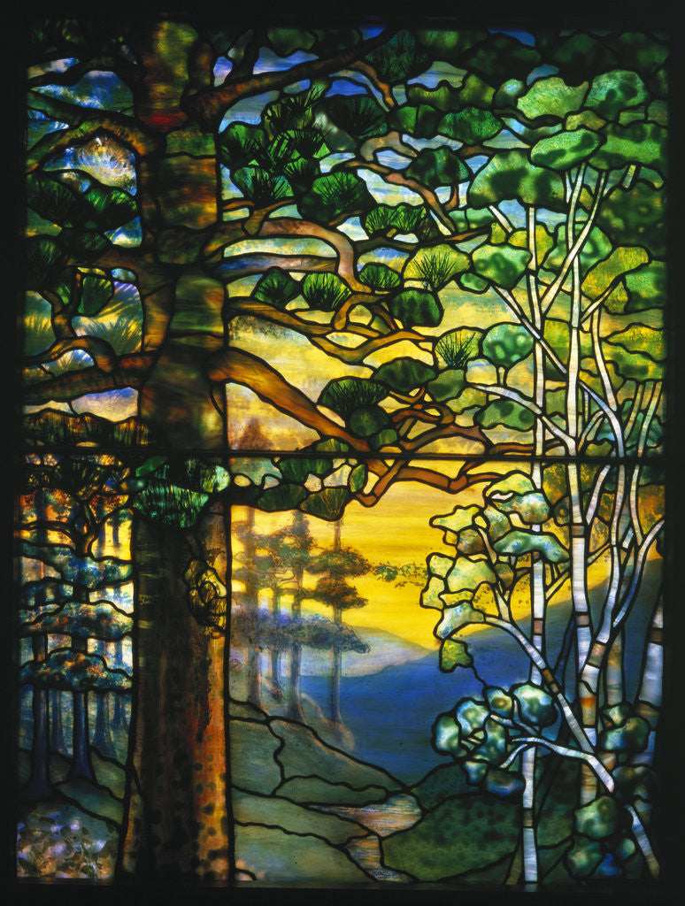Detail of Tiffany Studios landscape window depicting a meandering stream shaded by towering fir trees by Anonymous