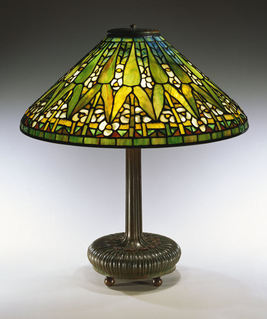 Detail of Tiffany Studios 'Arrowroot' leaded glass and bronze table lamp by Anonymous