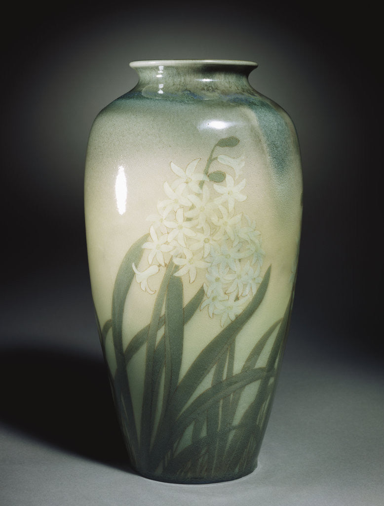 Detail of An earthenware vase depicting hyacinths and leafage in shades of ivory and green by Anonymous