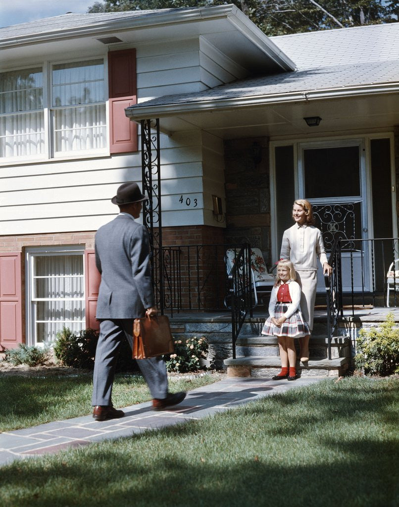Detail of 1950s Mother Daughter Waiting Steps House For Father Briefcase Coming Home Suburban Family Man Woman Girl Retro by Anonymous