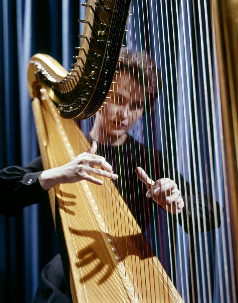 Detail of 1960 1960s Retro Harp Musician Woman Strings by Anonymous