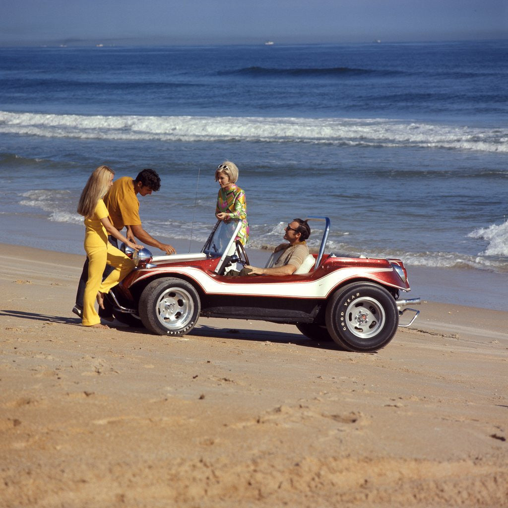 Detail of 1970 1970s 2 Couples Men Women On Beach With Red White Dune Buggy Leisure Sport Lifestyle Vehicle Fun Summer by Corbis