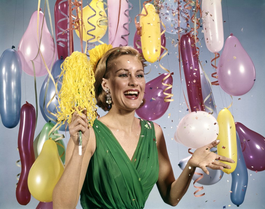 Detail of 1960 1960s Retro Party New Year Balloons Woman Streamers Dress Happy by Anonymous