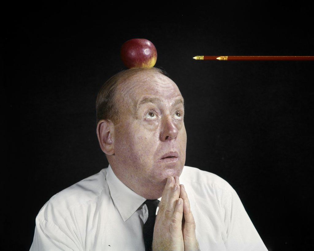 Detail of 1960s Anxious Business Man Praying Looking Up At Arrow Heading Towards Apple Sitting On Top Of His Head by Anonymous