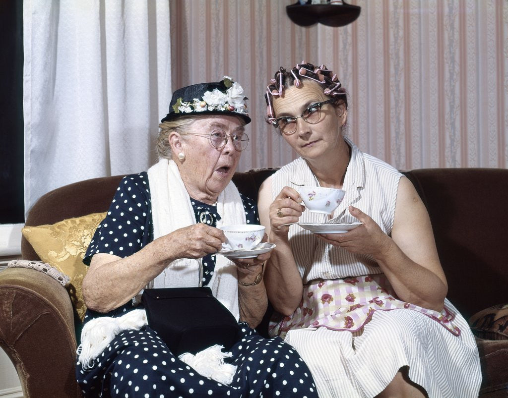 Detail of 1950s Two Elderly Drinking Tea Gossiping Hair In Curlers by Anonymous