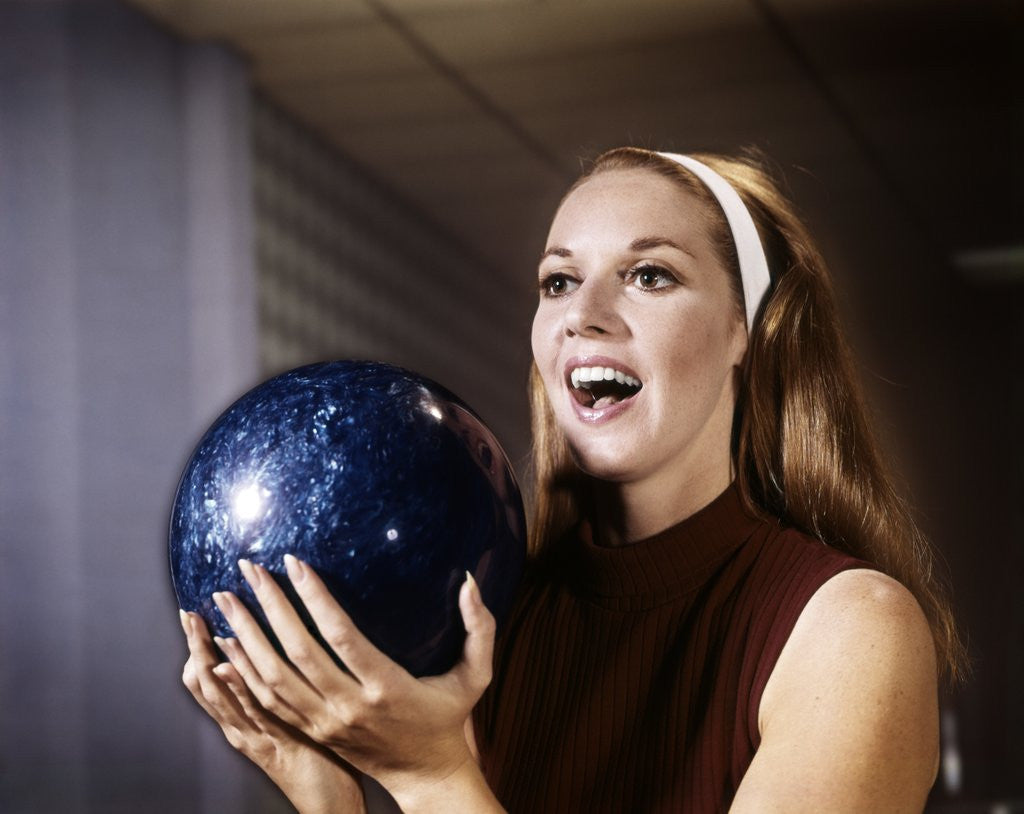 Detail of 1960s Smiling Laughing Woman Holding Bowling Ball Retro by Anonymous