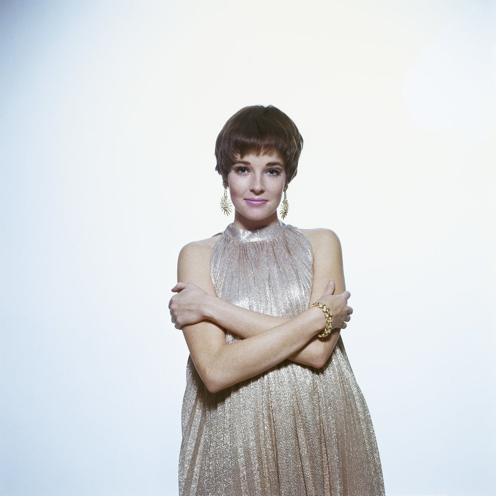 Detail of 1960s Young Woman Wear Pleated Metallic Dress Pixie Hair Style Arms Folded Earrings Bracelet Retro by Anonymous