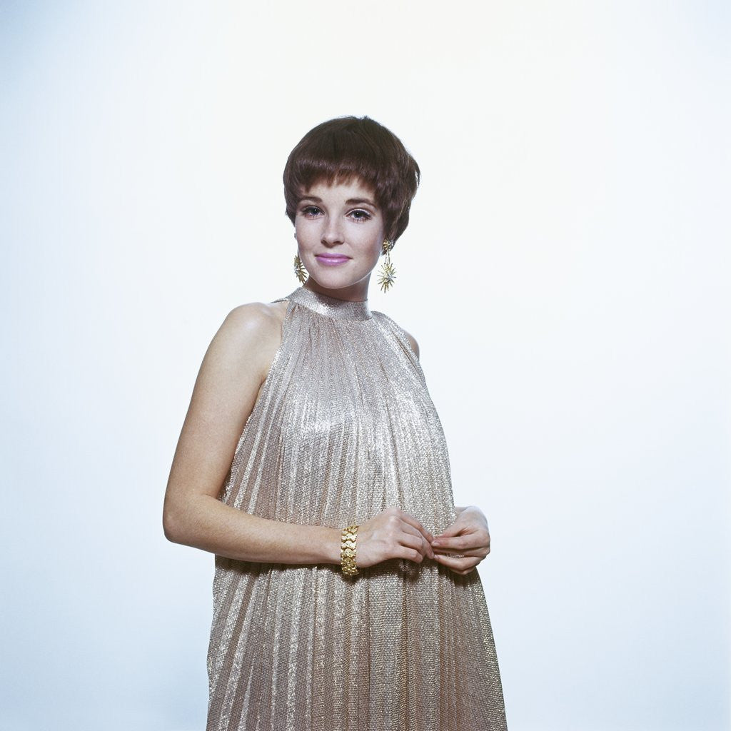 Detail of 1960s Young Woman Wear Pleated Metallic Dress Pixie Hair Earrings Bracelet Retro by Anonymous