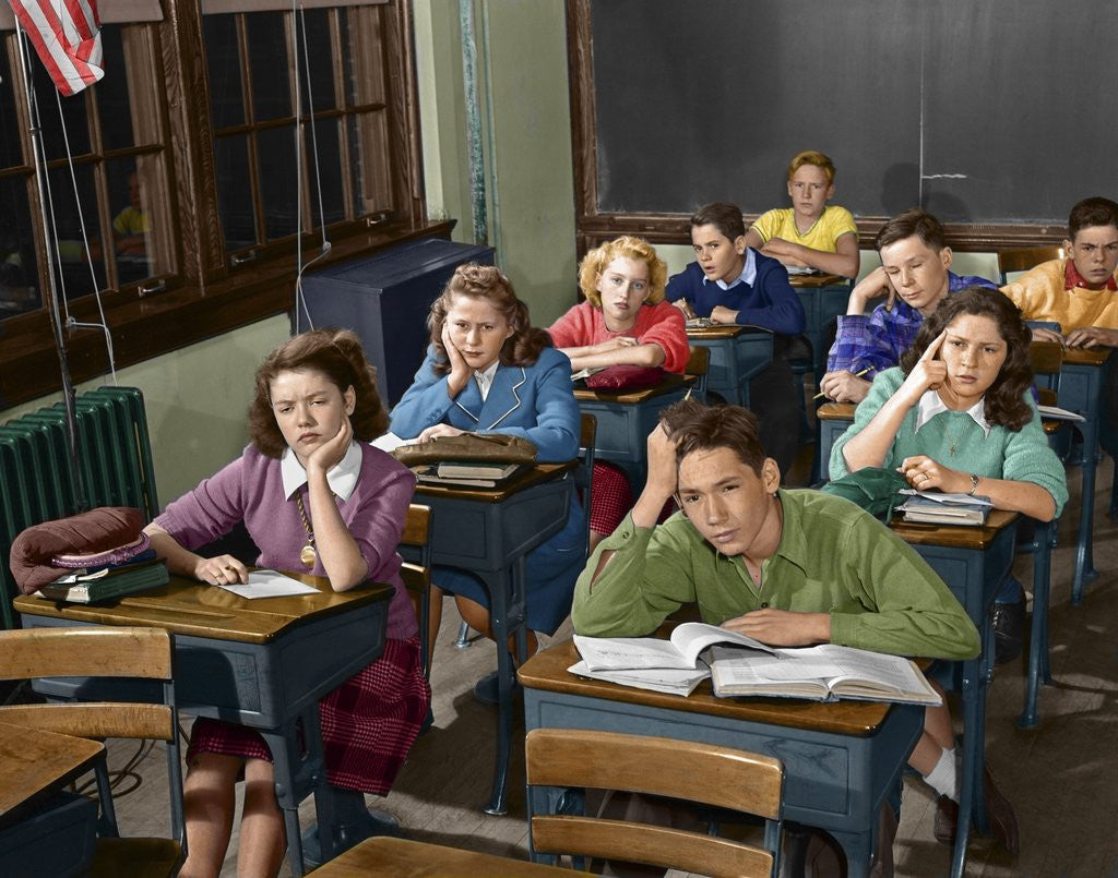 Detail of 1950s High School Classroom Of Bored Sleepy Students Sitting At Desks by Anonymous