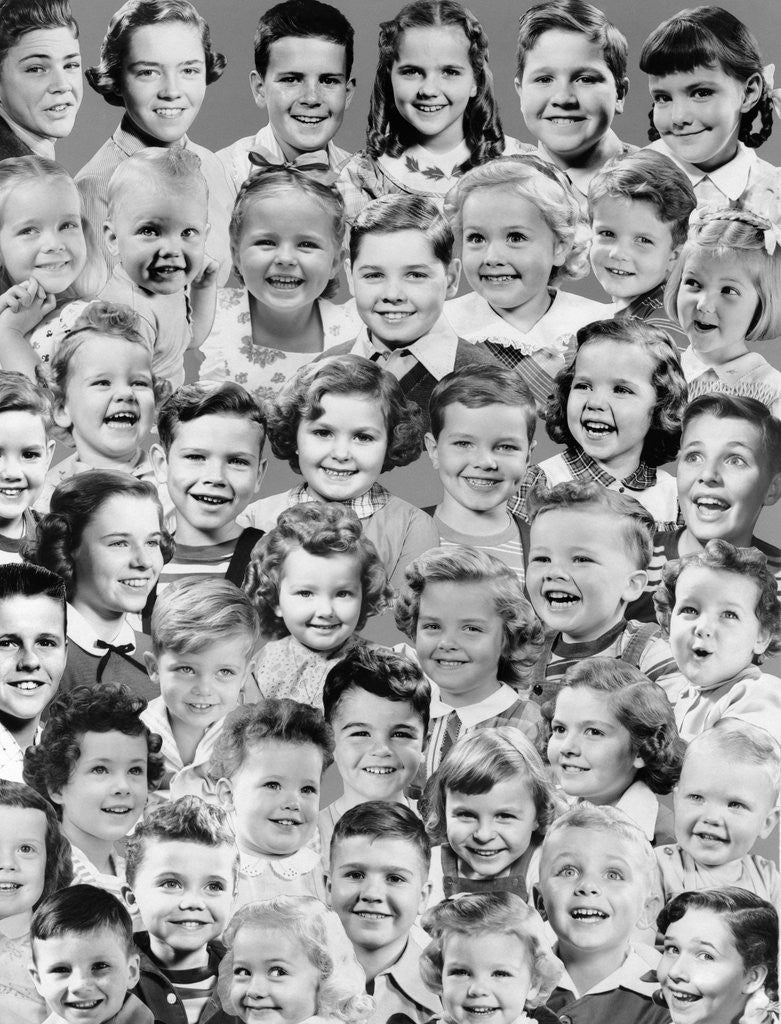 Detail of 1950s Collage Montage Smiling Boy And Girl Many Head Portraits Studio by Corbis
