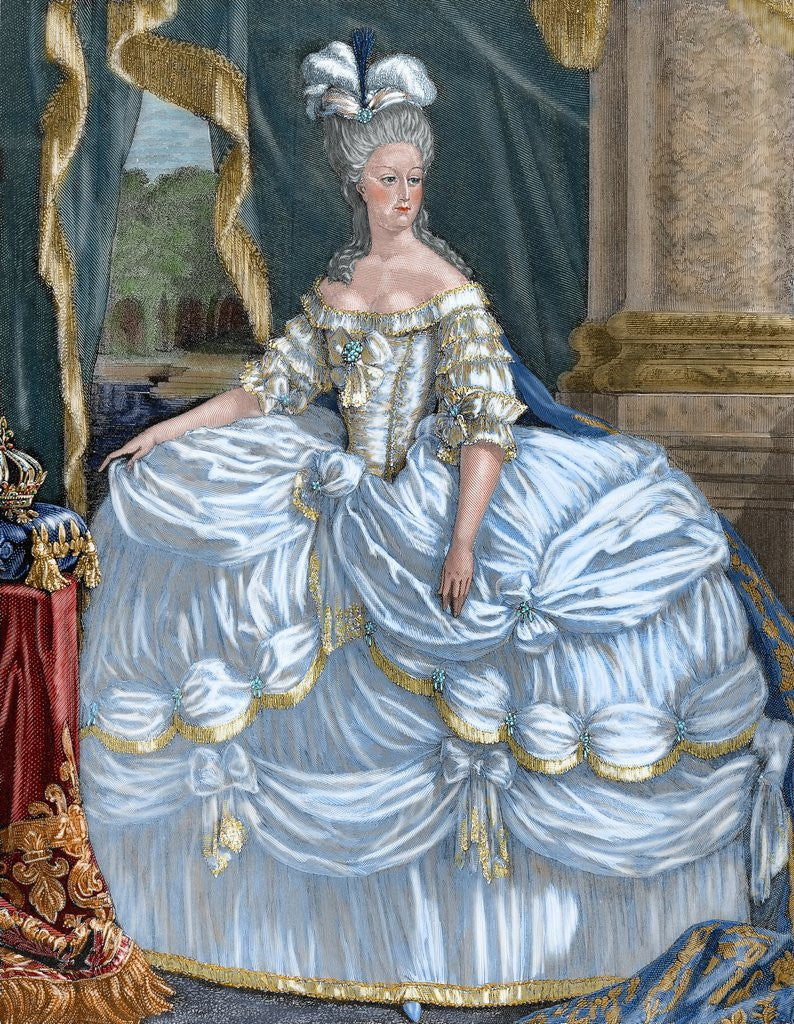Detail of Marie Antoniette (1755-1793). Wife of Louis XVI and Queen of France (1774-92). Colored engraving by Anonymous