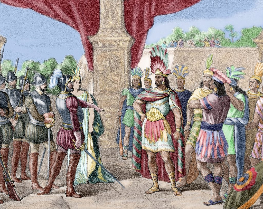 Detail of Hernan Cortes takes prisoner Moctezuma II. Colored engraving, 1875 by Corbis