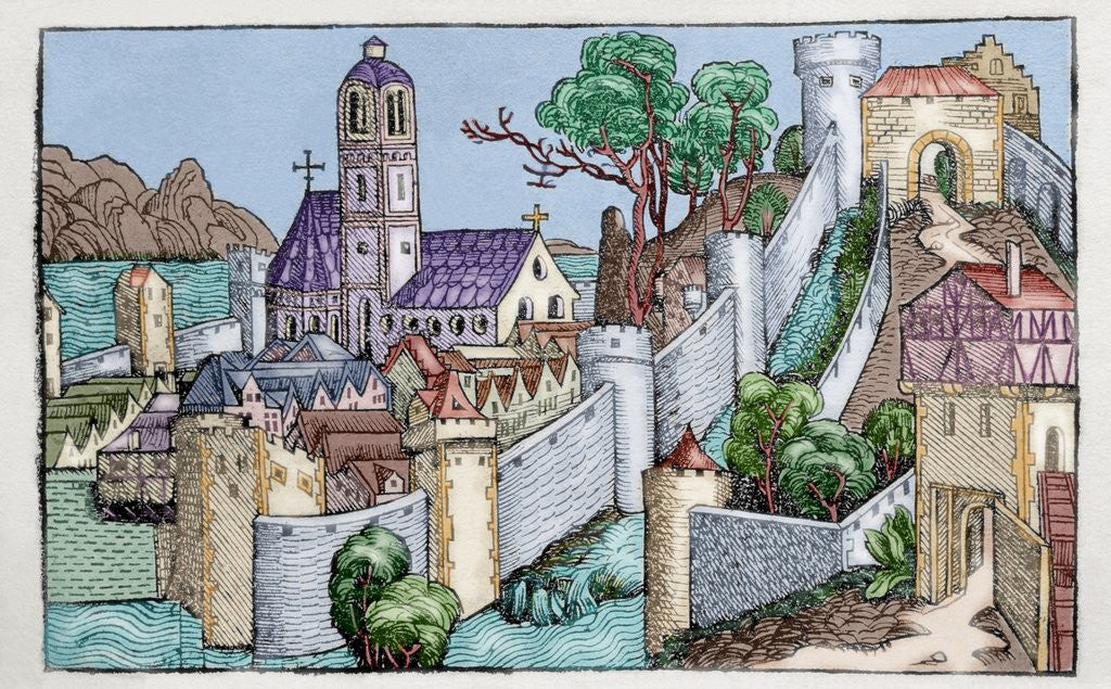 Detail of The city of Alexandria. Liber chronicarum. 15th century. Colored engraving by Anonymous