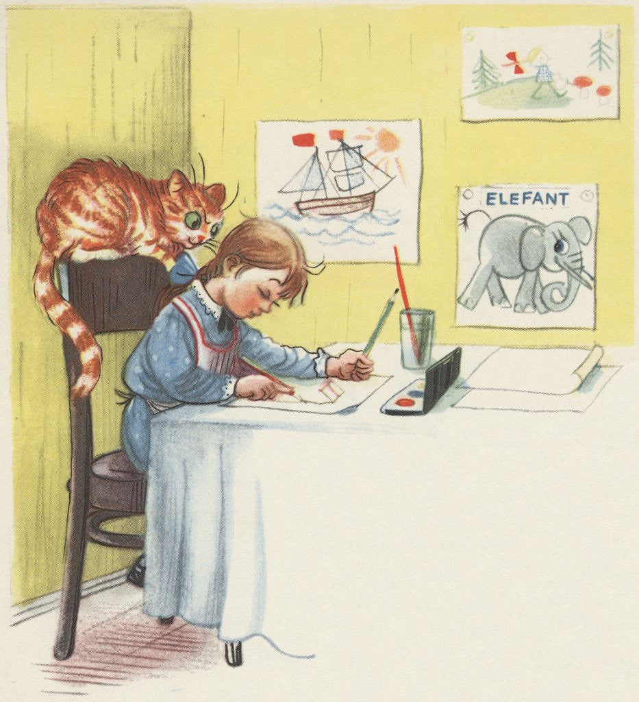 Detail of Girl painting with her cat by Anonymous