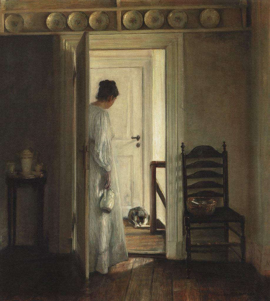 Detail of Woman giving cat milk by Anonymous