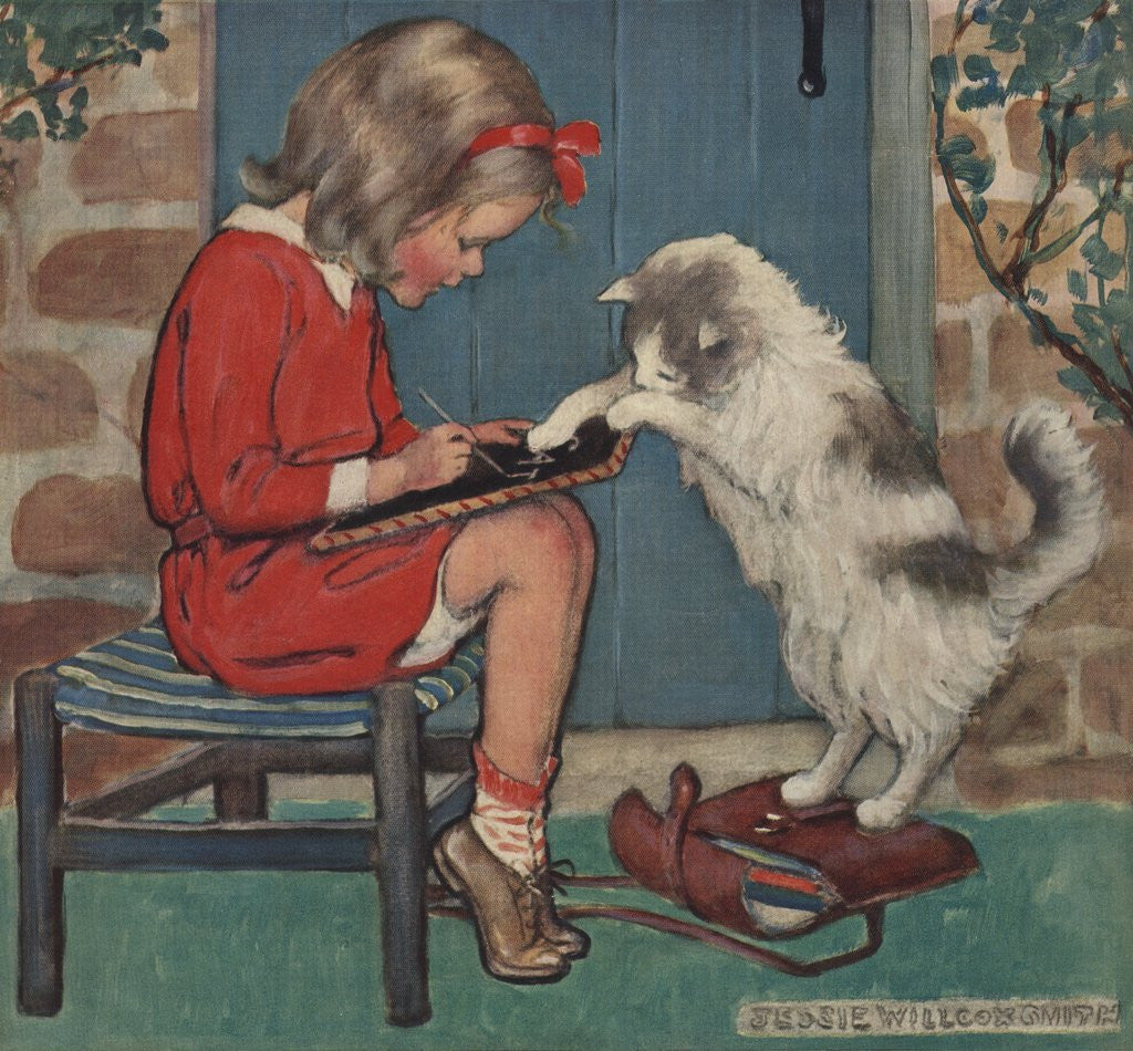 Detail of Cat helping girl with homework by Jessie Willcox Smith