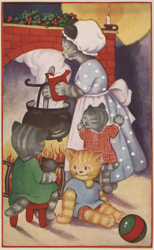 Detail of Cat family around the fireplace at Christmas by Anonymous
