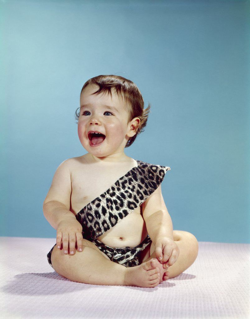Detail of 1960s Laughing Happy Baby Mouth Wide Open Wearing Leopard Print Tarzan Caveman Costume by Anonymous