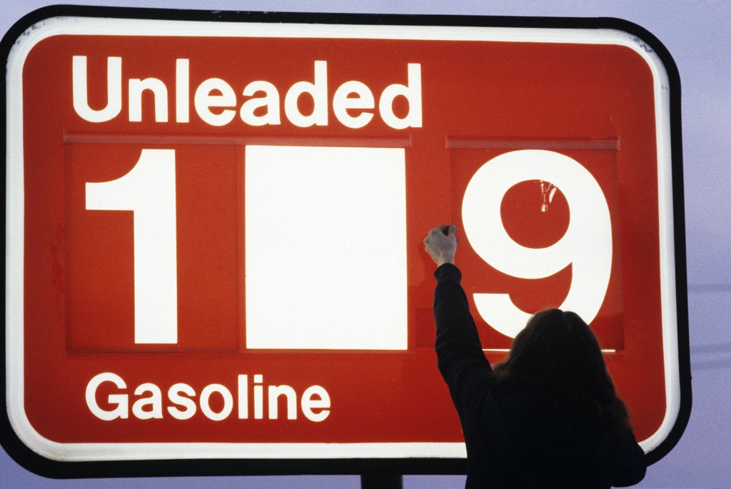 Detail of 1980s Anonymous Unidentified Person Changing Gasoline Prices Sign by Anonymous