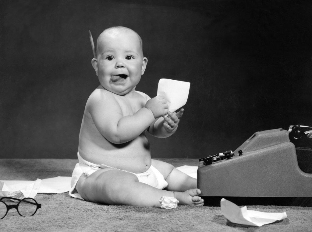 Detail of 1960s Eager Baby Accountant Working At Adding Machine by Anonymous