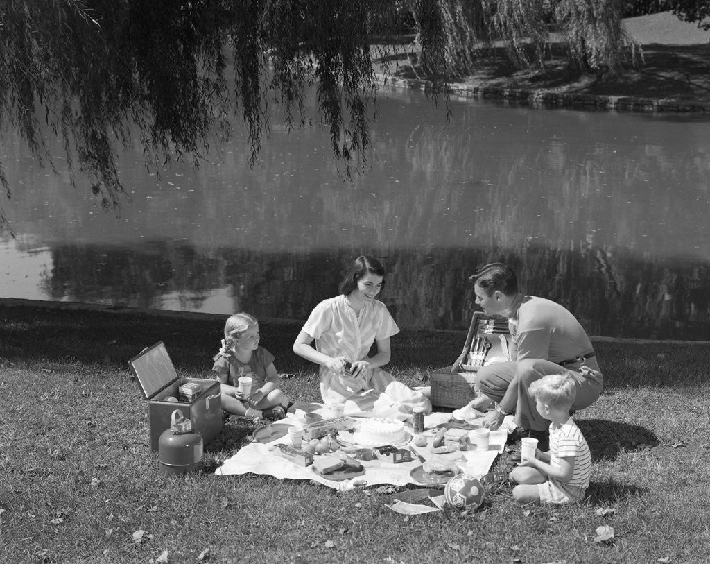 Detail of 1950s Family Mother Father Son Daughter Picnicking By Lake Outdoor by Anonymous