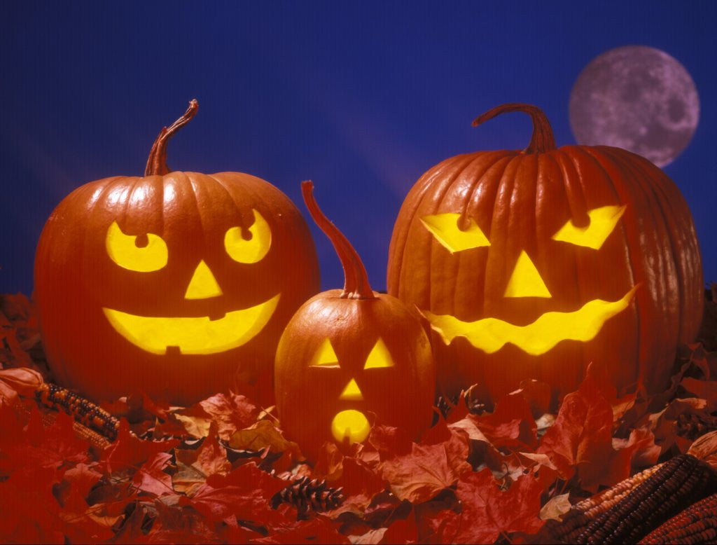 Detail of family Group Of Three Illuminated Candle Lit Carved Halloween Pumpkin Heads Under Autumn Moon At Night by Corbis