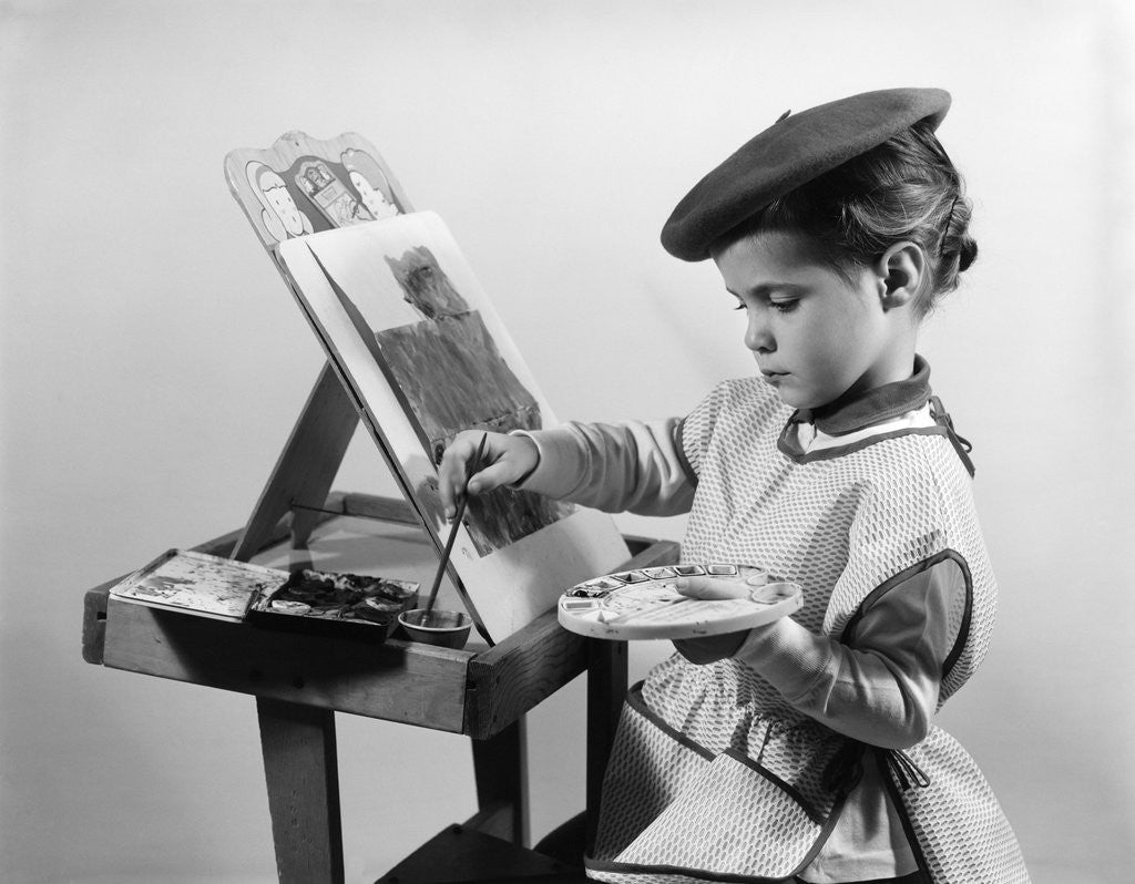 Detail of 1960s Little Girl Artist Sitting At Easel Painting by Anonymous