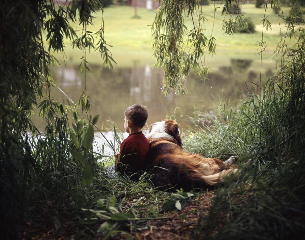 Detail of 1960s 1970s Boy Fishing With His Dog By His Side by Anonymous