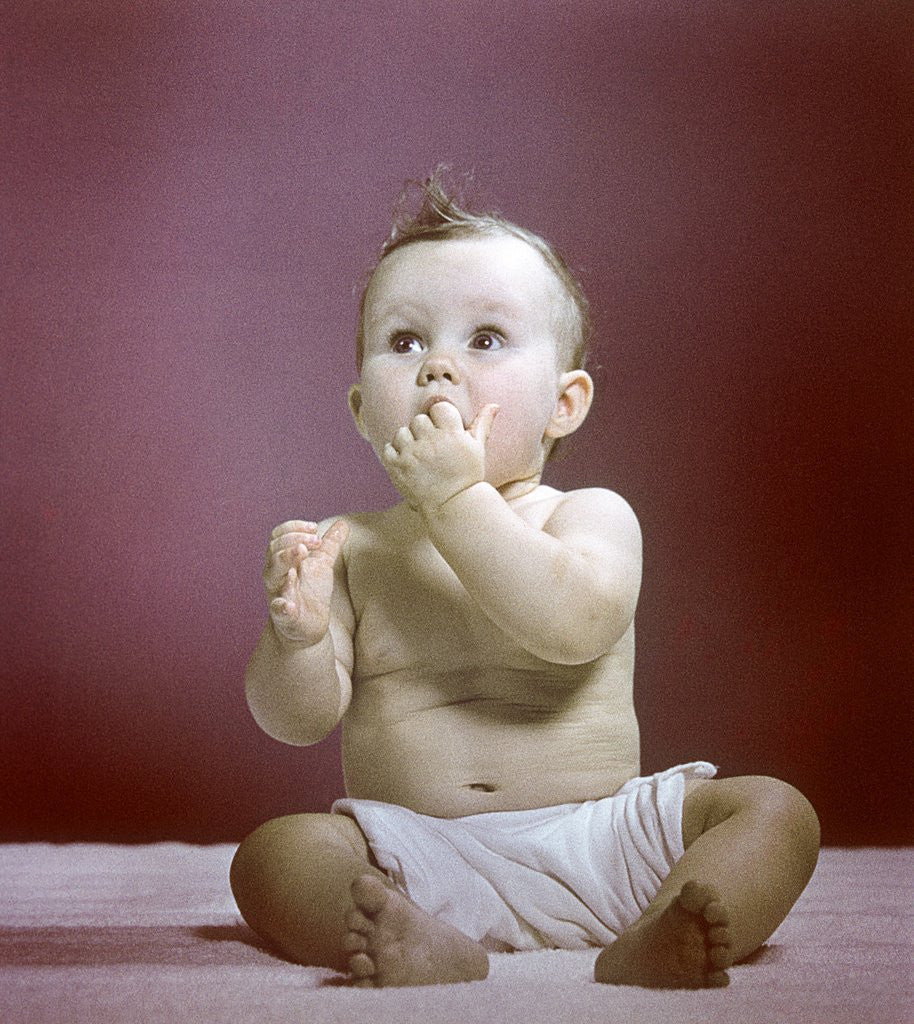Detail of 1940s 1950s Baby Diaper Sitting Looking Up Fingers In Mouth by Corbis