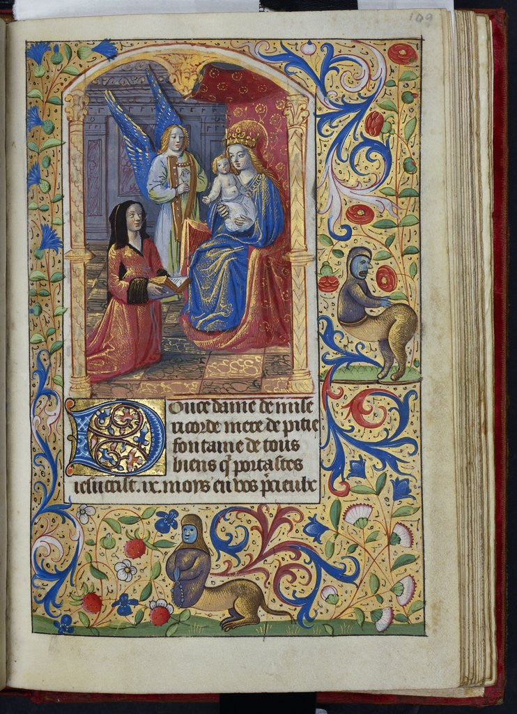 Detail of Virgin enthroned holding the child, an angel beside her from a French book of hours by Anonymous
