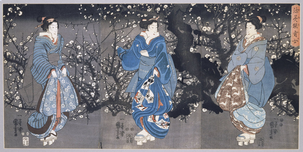 Detail of An oban triptych depicting a nocturnal scene with three Bijin by Utagawa Kuniyoshi