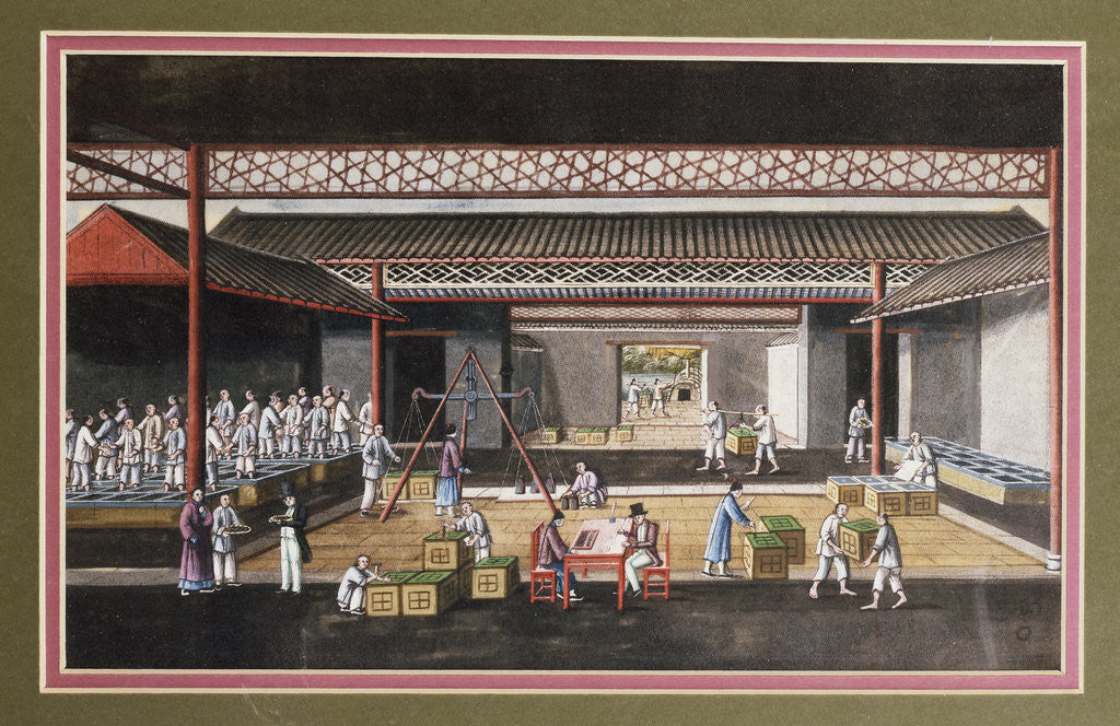 Detail of A Chinese export ricepaper painting depicting a storage house interior with figures packaging and weighing tea crates by Anonymous