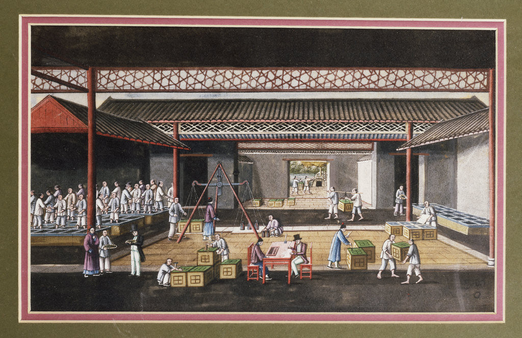 Detail of A Chinese export ricepaper painting depicting a storage house interior with figures packaging and weighing tea crates by Corbis