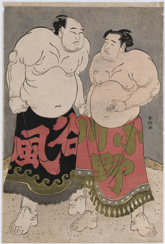 Detail of Full-length portraits of the wrestlers Onogawa Kisaburo, on the right and Tanizake Kajinosuke on the left by Katsukawa Shunko