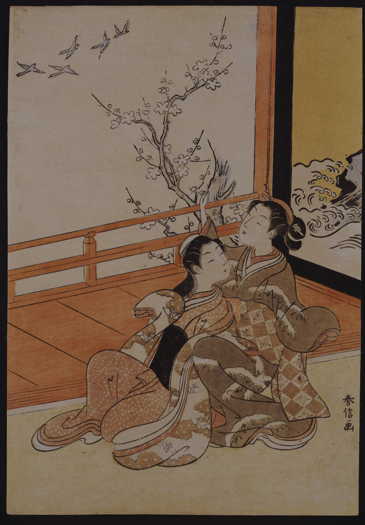 Detail of Two women seated by a verandah, one pointing at geese in flight, beyond a flowering plum tree outside by Suzuki Harunobu