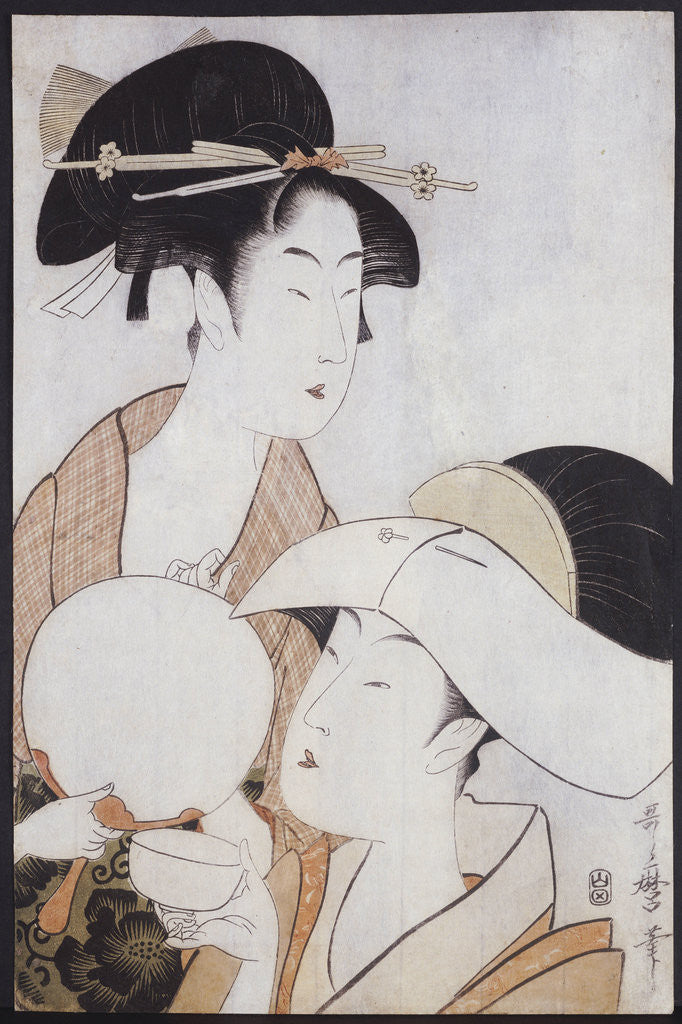 Detail of Bust portrait of two women, one holding a fan, the other with a head cover holding a tea cup by Kitagawa Utamaro