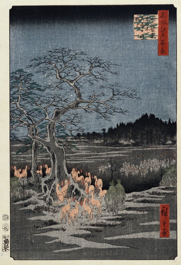 Detail of New Year's Eve foxfires at the Nettle Tree, Oji by Ando Hiroshige from the series 'One Hundred Views of Famous Places in Edo' by Corbis