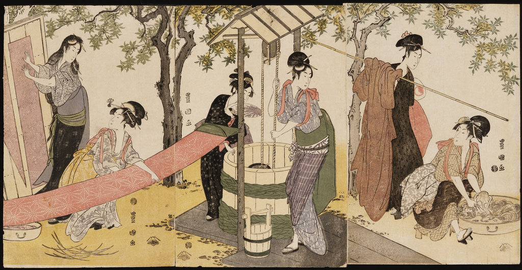 A triptych of girls washing and stretching cloth under the trees by Utagawa Toyokuni