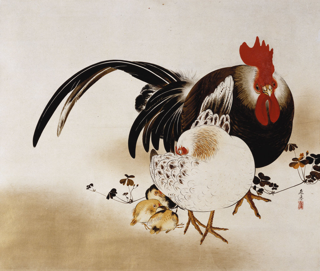 Detail of Cockerel, Hen and Chicks by Shibata Zeshin