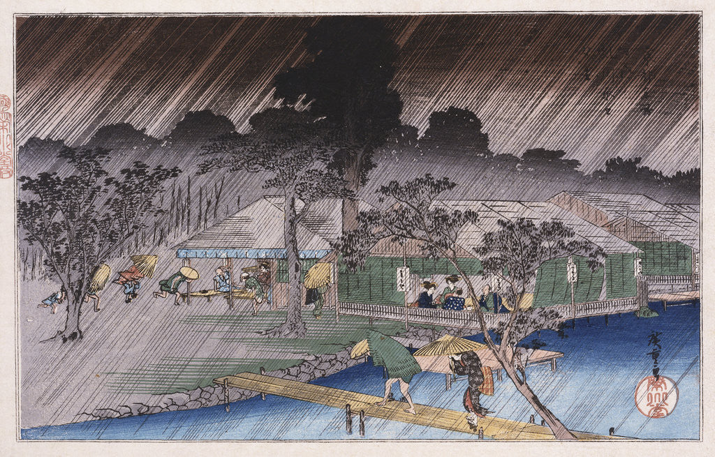 Detail of Twilight Shower at Tadasu Bank by Ando Hiroshige from the series 'Famous Places of Kyoto' by Anonymous