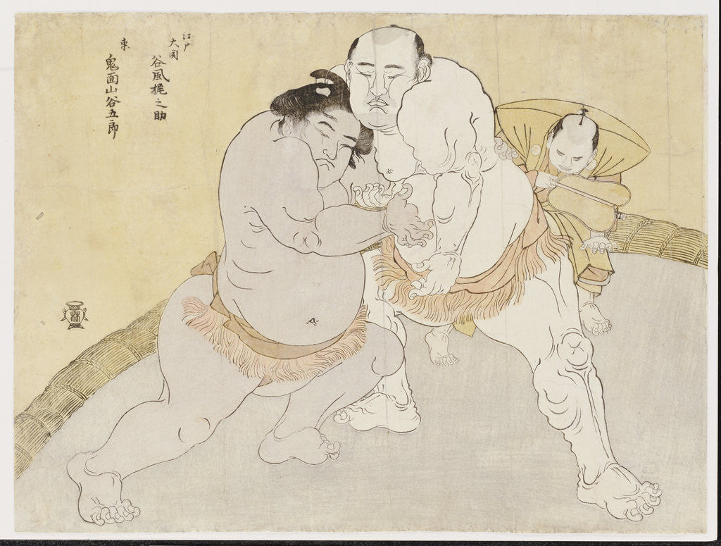 Detail of The match between Tanikaze Kajinosuke, the ozeki of the Edo team, and Kimenzan Tanigoro of the Eastern Group by Katsukawa Shunsho