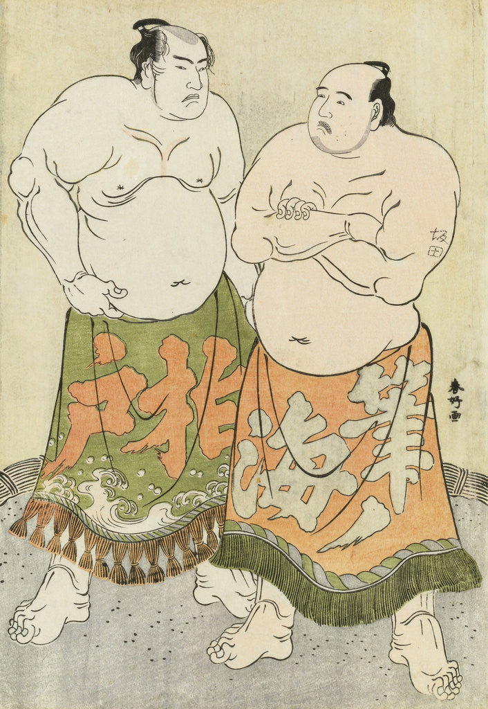 Detail of Full-length portraits of the wrestlers Fudenoumi of the Eastern Group on the right and Kashiwado of the Western group on the left by Katsukawa Shunsho
