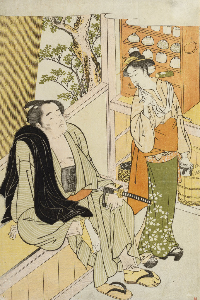 Detail of A scene in a teahouse of the wrestler Onogawa conversing with the waitress attributed to Katsukawa Shun'ei by Anonymous