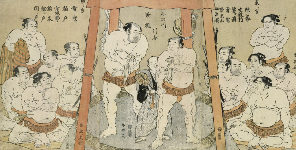 Detail of A triptych showing a draw (hikiwake) in the bout between Onogawa and Tanikaze by Kasukawa Shun'ei
