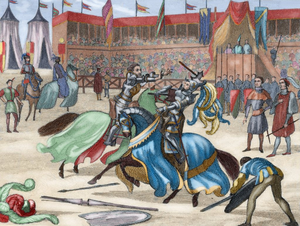 Detail of Medieval tournament. Colored engraving. 19th century by Anonymous