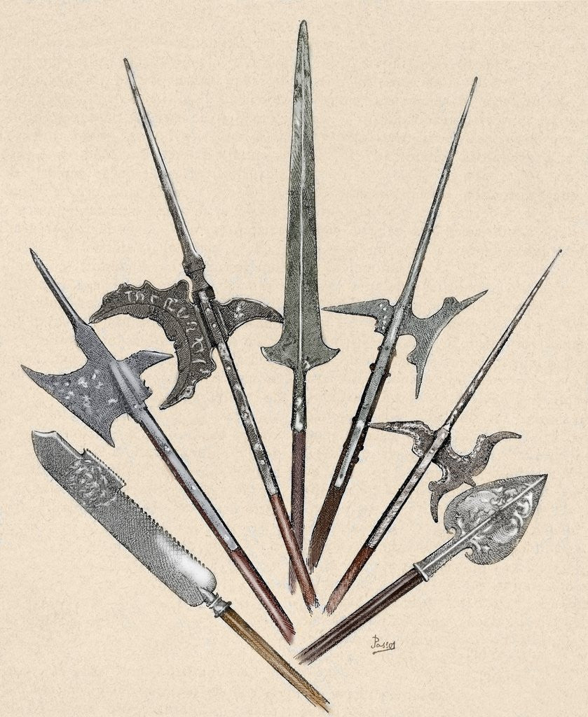 Detail of Weapons. Halberds and spearhead. Colored engraving by Anonymous