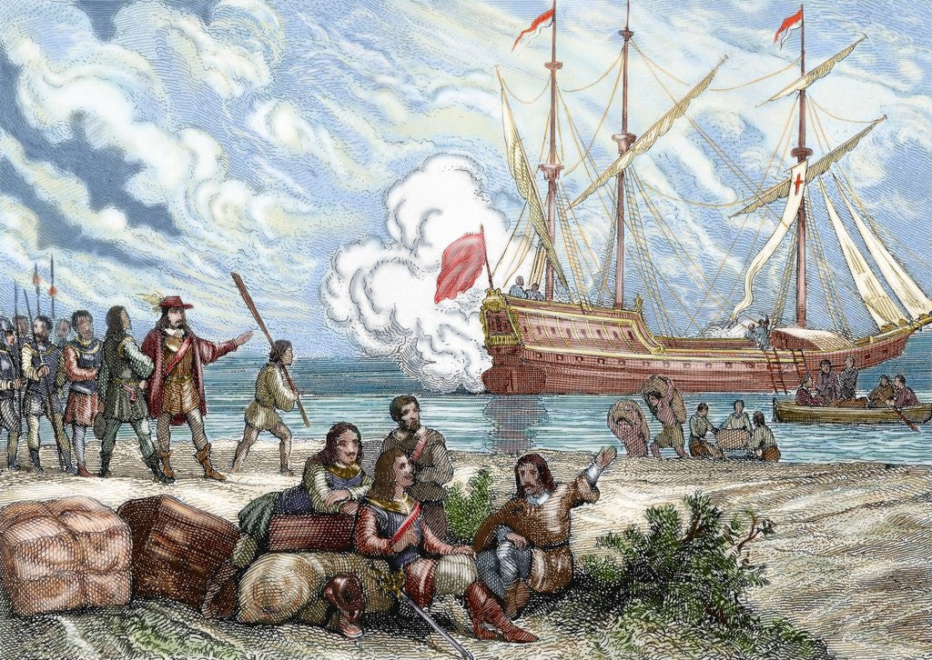 Detail of Pedro de Valdivia (ca. 1500- 1553). Spanish conquistador. Landing of Pedro de Valdivia on the coast by Anonymous