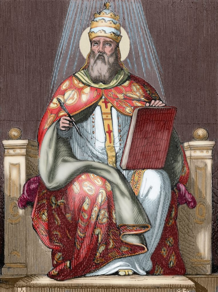 Detail of Saint Damasus I, (304-384). Roman pope (366-384). Colored engraving by Anonymous