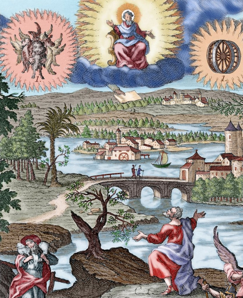 Detail of Prophet Ezekiel. Vision. Colored engraving by Anonymous